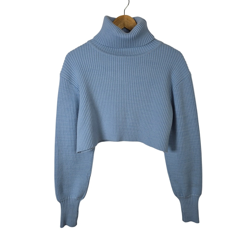 Molly Green Light Blue Ribbed Turtleneck Cropped‎ Sweater Thumbholes Small